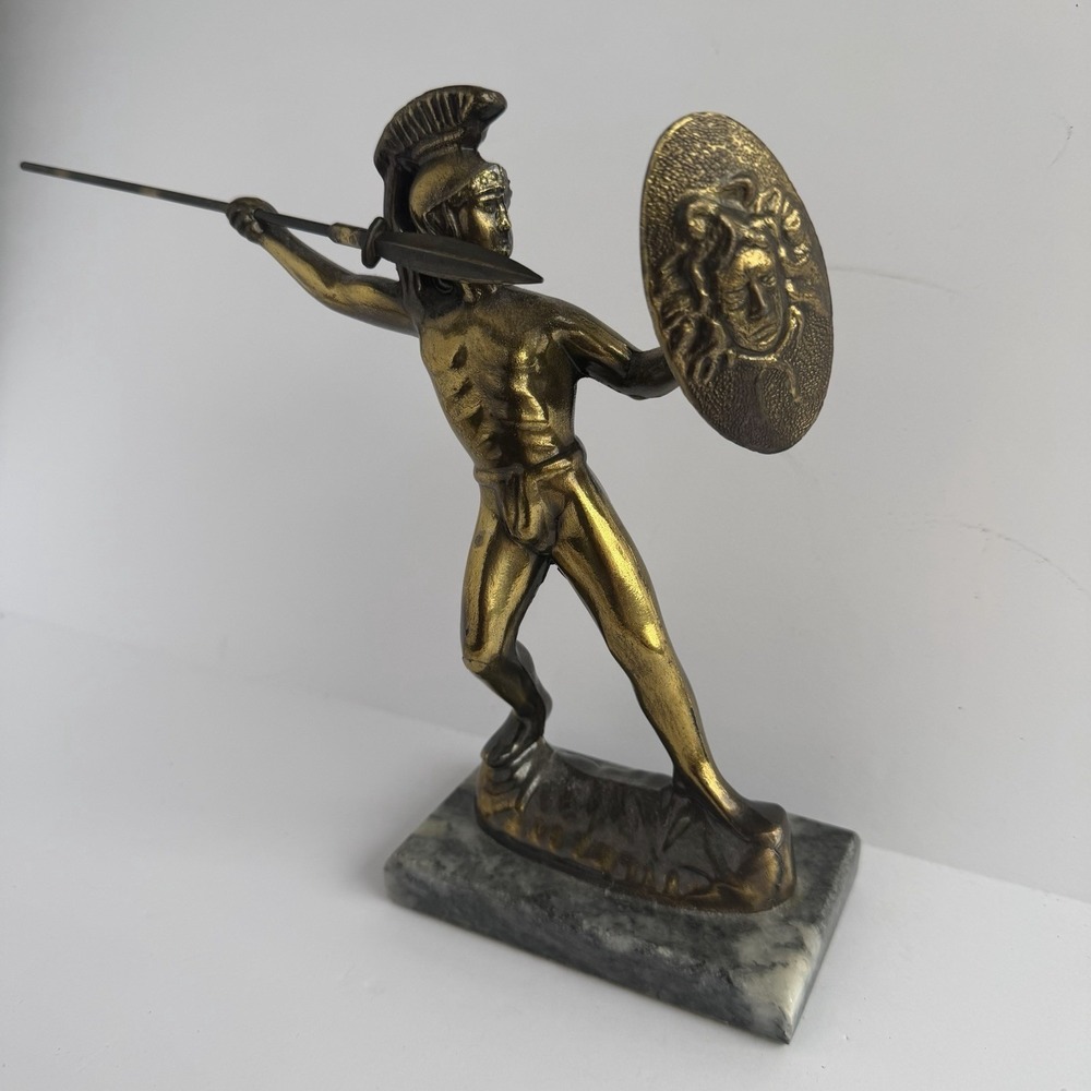 Vtg Hellenic Art Leonidas‎ King Of Sparta Statue Cast Bronze Metal Medusa Shield